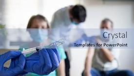  Presentation with medical vaccine - Cool new PPT theme with medical-team-giving-coronavirus-vaccine backdrop and a light blue colored foreground