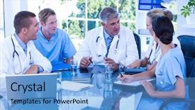  Presentation with design medical hospital - Audience pleasing presentation theme consisting of medical team having a meeting backdrop and a light blue colored foreground