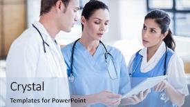  Presentation with labor and delivery medical team - Slides having medical team looking at tablet background and a light blue colored foreground