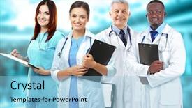  Presentation with team health - Amazing PPT theme having medical team on blurred hospital backdrop and a light blue colored foreground