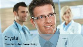  Presentation with medical smiling doctor - PPT layouts consisting of medical team on hospital corridor mid-adult doctor in front smiling background and a light blue colored foreground