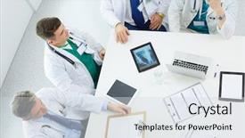  Presentation with medical emergency trauma team - Cool new PPT theme with medical team sitting and discussing backdrop and a sky blue colored foreground