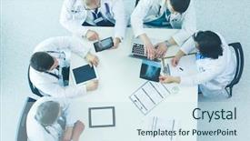  Presentation with medical - PPT theme having medical team sitting and discussing background and a sky blue colored foreground