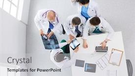  Presentation with medical emergency trauma team - PPT theme with medical-team-sitting-and-discussing background and a light gray colored foreground