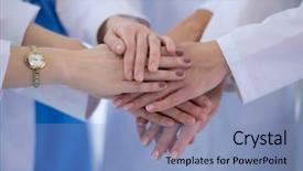  Presentation with nurses - Colorful presentation theme enhanced with doctors and nurses in a medical team stacking hands backdrop and a light blue colored foreground