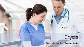  Presentation with design medical hospital - PPT layouts having medical team standing and talking background and a  colored foreground