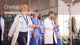  Presentation with team building - Colorful slide deck enhanced with medical-team-walking-through-lobby backdrop and a coral colored foreground