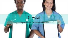  Presentation with medical clipboard - Audience pleasing theme consisting of medical team whit clipboard on a over white background backdrop and a cyan colored foreground