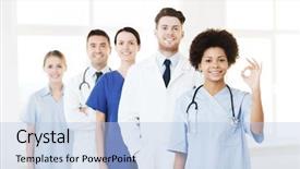  Presentation with hospital - Beautiful PPT theme featuring medical teamwork - hospital profession people and medicine backdrop and a  colored foreground