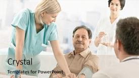  Presentation with blood pressure - PPT theme with medical teamwork - nurse assisting doctor with measuring background and a coral colored foreground