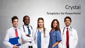  Presentation with teamwork doctors - Colorful PPT theme enhanced with medical teamwork - portrait of a group backdrop and a light gray colored foreground