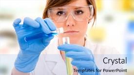  Presentation with laboratory - Audience pleasing PPT layouts consisting of medical teamwork - young female scientist working backdrop and a light blue colored foreground