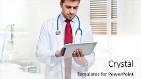  Presentation with mechanic inspection tablet - Theme featuring medical technology - handsome doctor using a tablet background and a white colored foreground