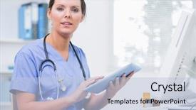  Presentation with medical desk - Amazing PPT theme having medical technology - portrait of young female surgeon backdrop and a light blue colored foreground