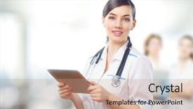  Presentation with tablet - Audience pleasing presentation consisting of medical technology - woman holding a tablet pc backdrop and a coral colored foreground
