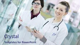  Presentation with team group yellow - Audience pleasing presentation theme consisting of medical training - team of pharmacist chemist woman backdrop and a sky blue colored foreground