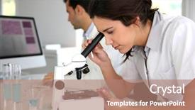  Presentation with medical training - Slides enhanced with medical training - young woman looking through microscope background and a coral colored foreground