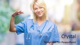  Presentation with medical smiling doctor - Amazing slide deck having medical uniform over isolated background backdrop and a light blue colored foreground