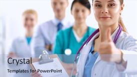  Presentation with physician - PPT theme with medical uniforms - group of doctors at hospital background and a light blue colored foreground