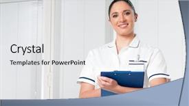  Presentation with nurse - PPT layouts consisting of medical uniforms - smiling young brunette female nurse background and a  colored foreground