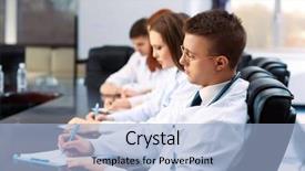  Presentation with medical training - Slide set enhanced with medical workers working in conference background and a light blue colored foreground