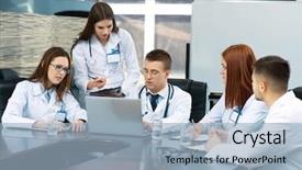  Presentation with medical training - Slide set having medical workers working in conference background and a light blue colored foreground