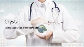  Presentation with female doctor - PPT theme featuring medical world globe - close up of female doctor background and a sky blue colored foreground