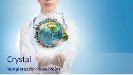  Presentation with earth planet globe - Audience pleasing theme consisting of medical world globe - close up of female doctor backdrop and a sky blue colored foreground