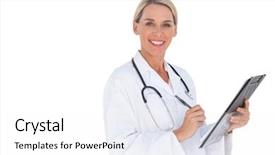 Presentation with pen - Presentation theme enhanced with medical writing - happy doctor holding pen background and a  colored foreground