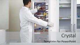  Presentation with refrigerator - Slide set featuring medicamentos - male scientist selecting bottle background and a light gray colored foreground