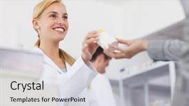  Presentation with healthcare workers - Cool new PPT theme with medicamentos - pharmacist giving a drug box backdrop and a light gray colored foreground