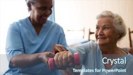  Presentation with dumbell - Colorful PPT layouts enhanced with medicare - nurse helping senior woman backdrop and a ocean colored foreground