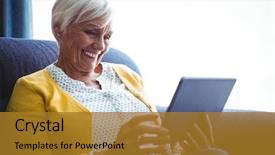  Presentation with medicare - Slide set with medicare - smiling senior woman looking background and a gold colored foreground