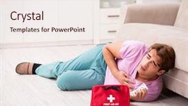  Presentation with first aid - Theme enhanced with medication bags - sick man at home background and a sky blue colored foreground