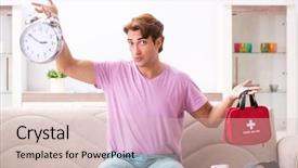  Presentation with first aid kit - Theme having medication bags - sick man at home background and a soft green colored foreground