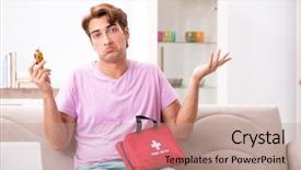  Presentation with first aid kit - Slide deck consisting of medication bags - sick man at home background and a coral colored foreground