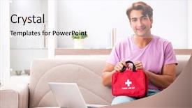  Presentation with first aid kit - Colorful presentation design enhanced with medication bags - sick man at home backdrop and a sky blue colored foreground