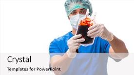  Presentation with new born doctor - PPT theme featuring medication bags - young handsome doctor isolated background and a white colored foreground