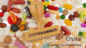  Presentation with medical profession - Cool new theme with medication errors - stamp on colorful tablets symbolic backdrop and a coral colored foreground