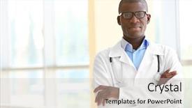  Presentation with doctor african - Beautiful slide deck featuring medication lab - handsome african american doctor backdrop and a light gray colored foreground