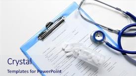  Presentation with stethoscope medication - PPT theme enhanced with medication lab - stethoscope and patient medical history background and a sky blue colored foreground