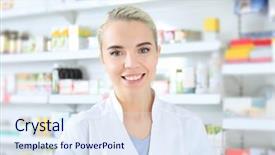  Presentation with work the word in your life - PPT theme with medication marketing - female shop assistant at work background and a sky blue colored foreground