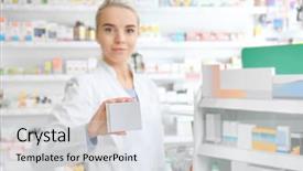  Presentation with cardboard - Beautiful slide deck featuring medication marketing - female shop assistant with cardboard backdrop and a sky blue colored foreground