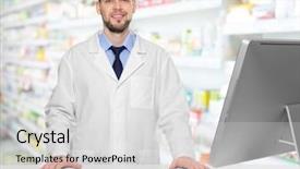  Presentation with male pharmacist - Cool new PPT theme with medication marketing - male pharmacist near counter backdrop and a light gray colored foreground