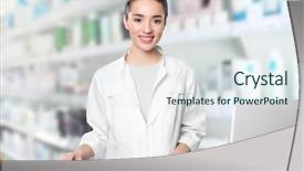  Presentation with pharmacist - Theme enhanced with medication marketing - young female pharmacist near counter background and a sky blue colored foreground