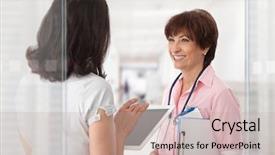  Presentation with design medical hospital - Slide set having medication older person - medical crew talking on hospital background and a  colored foreground