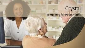  Presentation with industerial pharmacy - PPT theme consisting of medication older person - senior couple in pharmacy background and a soft green colored foreground
