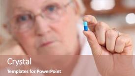  Presentation with elderly medication - Presentation design featuring medication pills - elderly woman holding a capsule background and a coral colored foreground