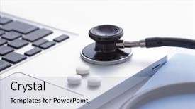  Presentation with medicine - Audience pleasing theme consisting of medication pills - pc and medicine and stethoscope backdrop and a  colored foreground