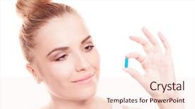  Presentation with medical pill medicine white blue - Colorful theme enhanced with medication pills - pretty young woman holding backdrop and a lemonade colored foreground